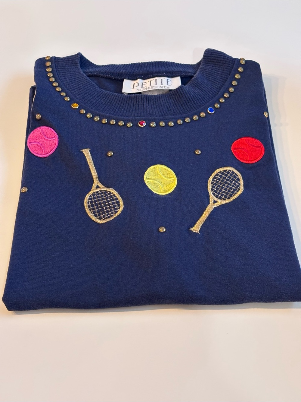 Petite Sophisticate Navy Tennis Motif Embroidered Tshirt with Studs, Medium